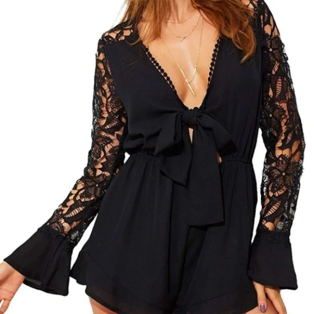 Lacey Sleeved Black Romper - Picture 3 of 6
